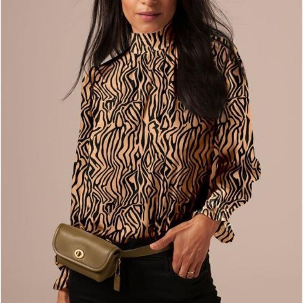 Tucker Stella Top Tam Zebra in Stretch Georgette Silk Blouse Smocked Mock Neck